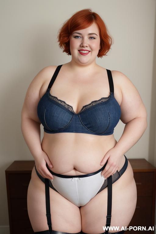 white woman, rotund body, huge, supermodel, pear shaped, lovehandless, obese, tummy, short hair, huge legs, massive hips, high rise (garter belt stockings), eye contact, huge arms - #main