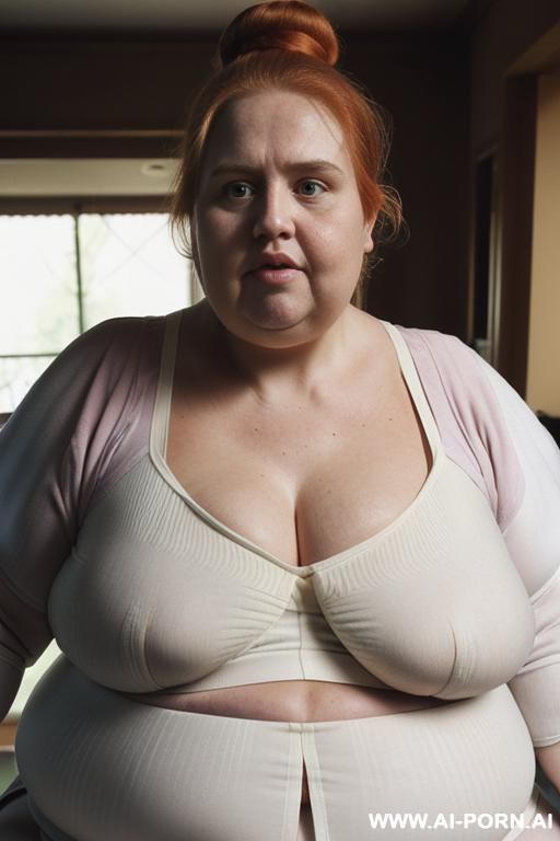 (((half body photo shot close up))). a (((british, very, ((((very obese)))) fat bbw redhead))), ((thick body, with tummy and love handless)). lingerie garter belt top. (((dinamyc angle))) - #main