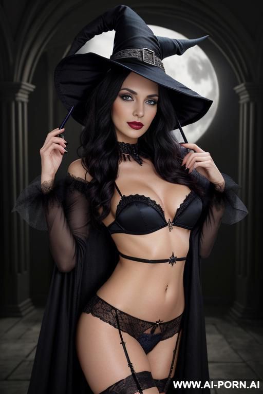 horny witch (frontal view) (keep face) curvy body, bubble butt, firm boobs, (beautiful sexy face) beautiful eyes (eye contact) alluring smile, bombshell, detailed skin, realistic detailed pussy, detailed hand, detailed face, detailed eyes (closeup belly) - #main