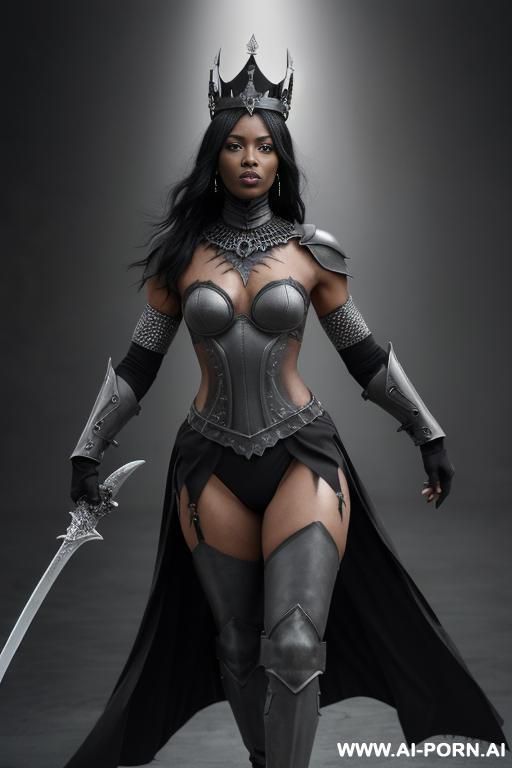 ((dark-(gray skin))), ((dark-(gray color of the body))), ((dark-(gray color of the face))), perfect athletic body, legs spread open, very dominant serious woman, front view, wearing a black steel - #main