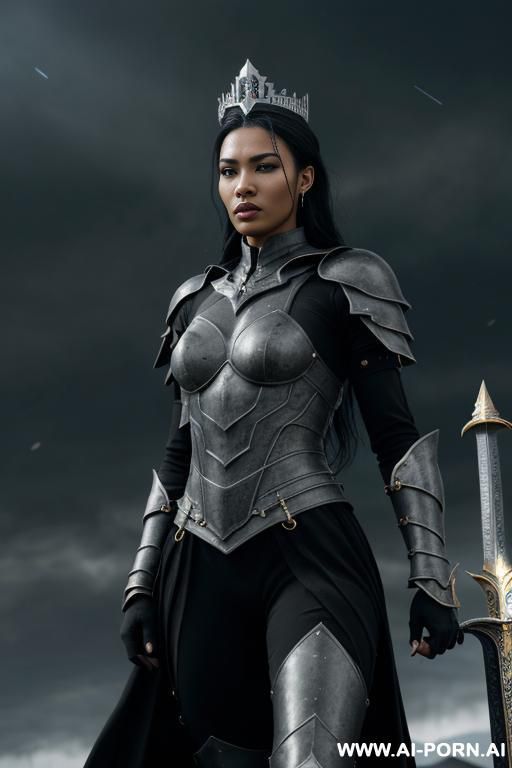 (front view), ((dark gray skin))), ((dark gray color of the face))), perfect athletic body, very dominant serious woman, wearing a black steel crown, wearing a gauntlets, wearing black fantasy armor in an aggressive style, scars on body, holding a sword - #main