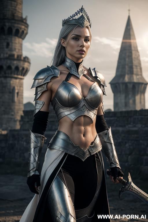 (front view), ((pallid grayish skin))), ((pallid grayish color of the face))), perfect athletic body, very dominant serious woman, wearing a black steel crown, wearing a gauntlets, wearing black - #main