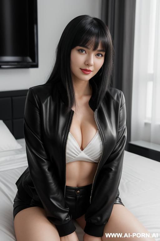 in the bedroom, white skin, bangs, in a black jacket, - #main