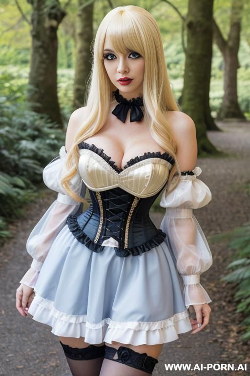 japan female blonde bangs long thick wavy fluffy hairs cosplay wig fantasy in intricate goth maid dress bare shoulders fancy laced corset busty cleavage sexy skirt fancy laced edges white - #main