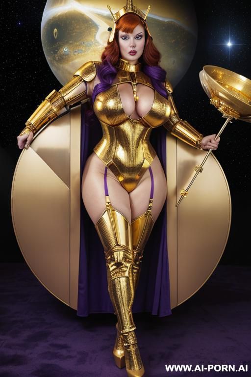 hyperrealistic painting, with helmet, wearing golden sci-fi helmet, round boobs space queen woman, totally nude, ultra realistic, supermodel, total babe, hourglass figure, wide hips, cleavage, fit, big - #main