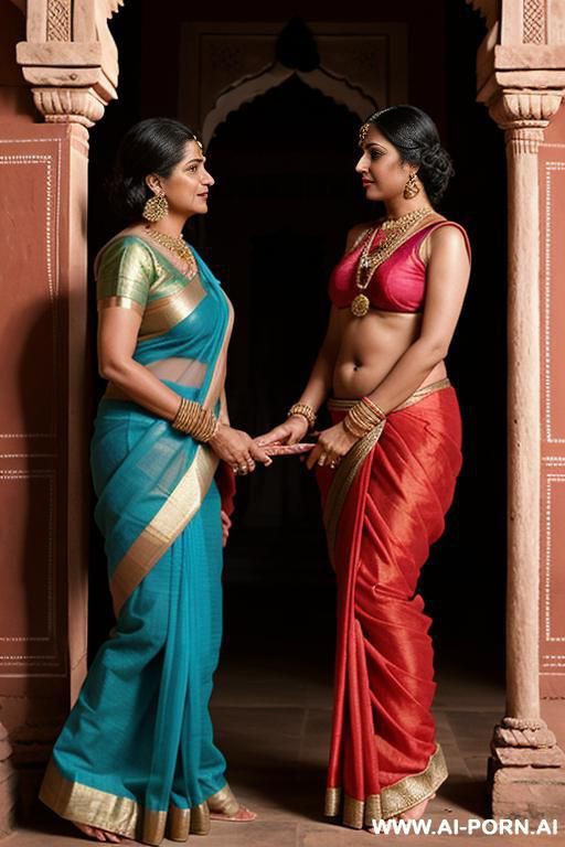 a situation with a ancient indian fifty years old blackhaired pudgy queen dressed in a traditional sari and her lesbian devote obedient submissive full naked female servant with shaved vagina in a indian palace - #main