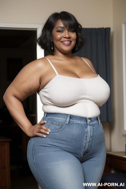 black woman, rotund body, huge, supermodel, pear shaped, long hair, huge legs, massive hips, high rise jeans, eye contact - #main