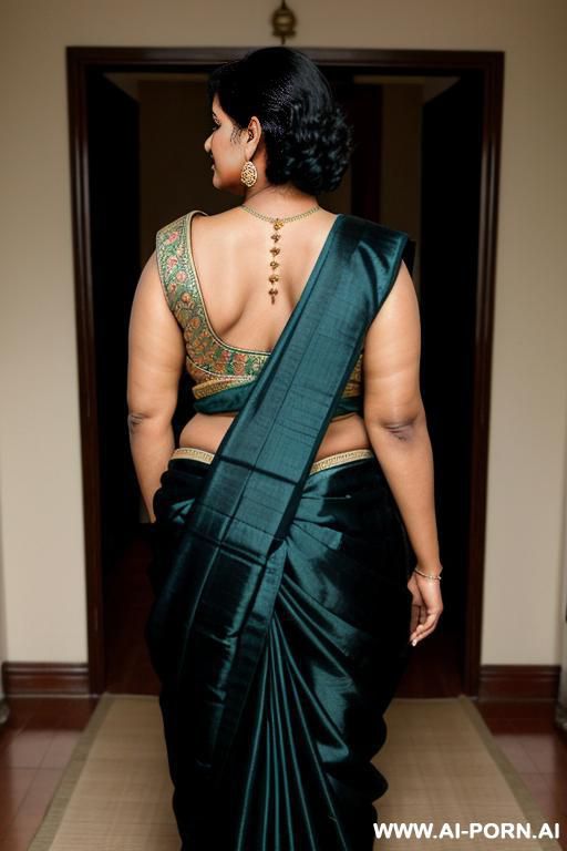 ancient indian fifty years old black haired chubby queen in a traditional sari from behind - #main