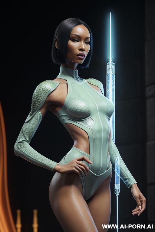 ((front view)), (looking at the viewer), (detailed face), (detailed body), (detailed hands), (detailed skin), sci-fi swordwoman, well-toned slender atletic figure, silky long flowing hair, mystical makeup, - #main