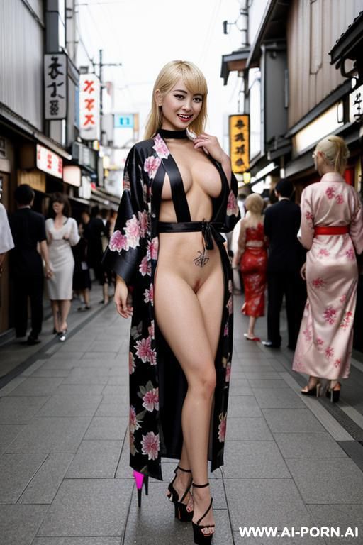 three women completely naked wearing black lipstick, black eyeliner, spiked choker, platform stripper heels posing like cheap sluts in tokyo wearing american colors - #main