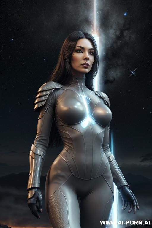 ((front view)), (looking at the viewer), (detailed face), (detailed body), (detailed hands), (detailed skin), sci-fi swordwoman, well-toned slender atletic figure, silky long flowing hair, mystical makeup, - #main
