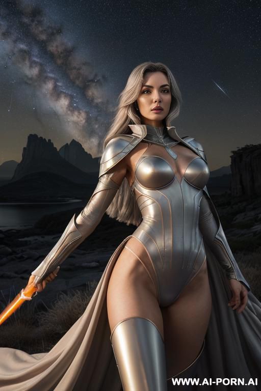 (front view), (looking at the viewer), (standing at front), (detailed face), (detailed body), (detailed hands), (detailed skin), extraterrestrial sci-fi swordwoman, well-toned slender atletic figure, silky - #main