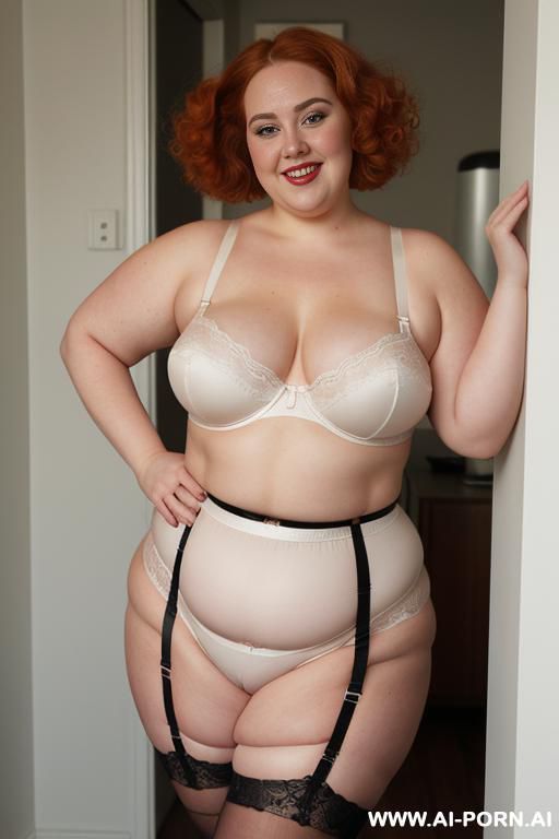 white woman, rotund body, huge, supermodel, pear shaped, lovehandless, obese, tummy, short hair, huge legs, massive hips, high rise (garter belt stockings), eye contact, huge arms - #main
