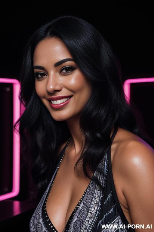 a professional portrait of a beautiful hispanic and polynesian woman with long, voluminous wavy black hair, smiling mly at the camera. she is wearing a deep v-neck, sleeveless black and white - #main
