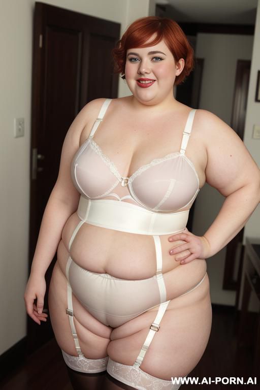 white woman, rotund body, huge, supermodel, pear shaped, lovehandless, obese, tummy, short hair, huge legs, massive hips, high rise (garter belt stockings), eye contact, huge arms - #main