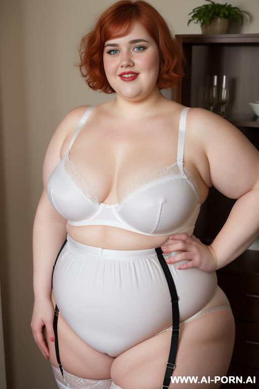 white woman, rotund body, huge, supermodel, pear shaped, lovehandless, obese, tummy, short hair, huge legs, massive hips, high rise (garter belt stockings), eye contact, huge arms - #main