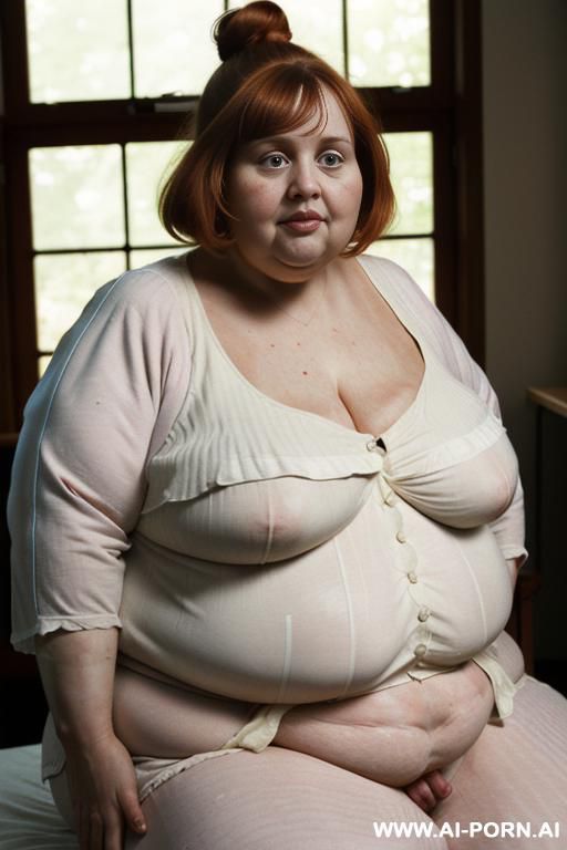 (((half body photo shot close up))). a (((british, very, ((((very obese)))) fat bbw redhead))), ((thick body, with tummy and love handless)). lingerie garter belt top. (((dinamyc angle))) - #main