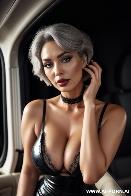 beautiful mature woman, grey hair, messy bobcut, smokey makeup, extremely curvy body, wearing a short, black, shiny, revealing latex dress, black stockings, very low neckline. leaning against a car, - #main