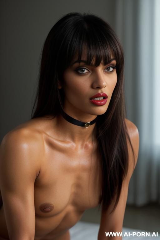 indian top model, eye contact , totally naked, sexy hairy pussy, long hair, very red lips, open mouth, long legs, open arms, natural tits, choker, ((topless)) - #main