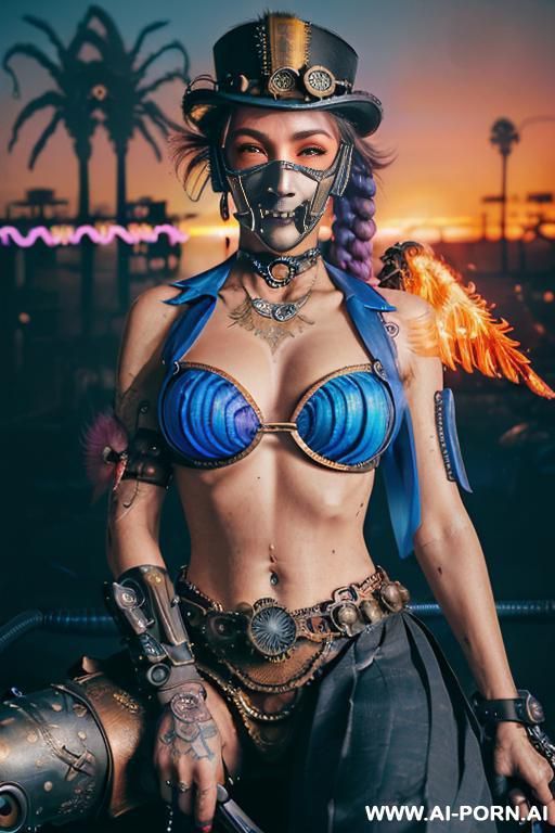 ((((masterpiece)))), (((woman sitting))), (glowing red eyes), (long blue purple and white hair with a flower), ((crop top white collar shirt with red tie)), ((((flaming angel wing)))), ((navy formal - #main