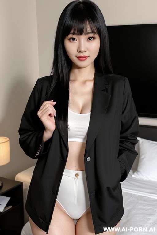 in the bedroom, white skin, bangs, in a black jacket, - #main