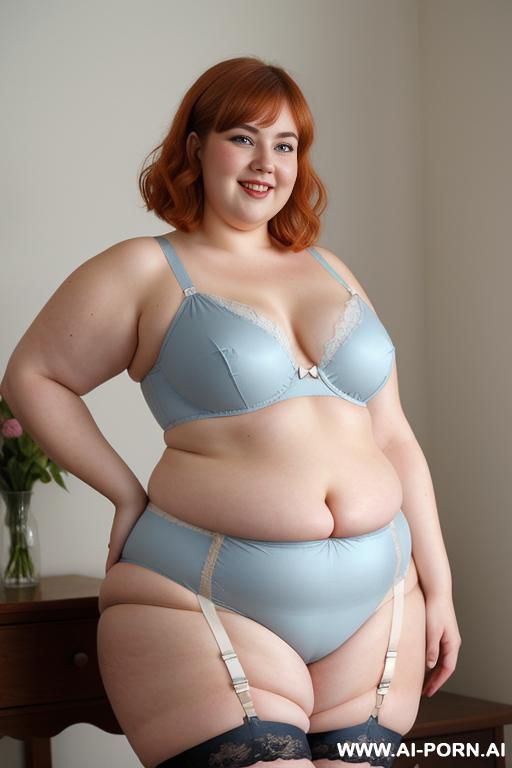 white woman, rotund body, huge, supermodel, pear shaped, lovehandless, obese, tummy, short hair, huge legs, massive hips, high rise (garter belt stockings), eye contact, huge arms - #main