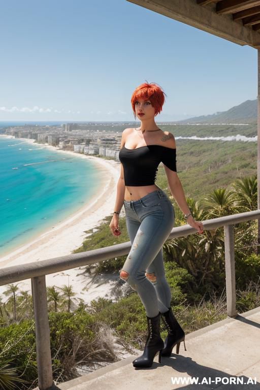 ginger female sexy pornstar hooker in tight black sport tshirt bare shoulders lowered sleeves cleavage in gray dusty skintight jeans in punk boots she walk edge of mountain path ocean landscape - #main