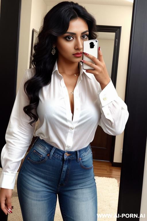 turkish, tanned skin, big eyes, heavy eye makeup, wavy hair, mirror shot, jeans, formal white shirt - #main