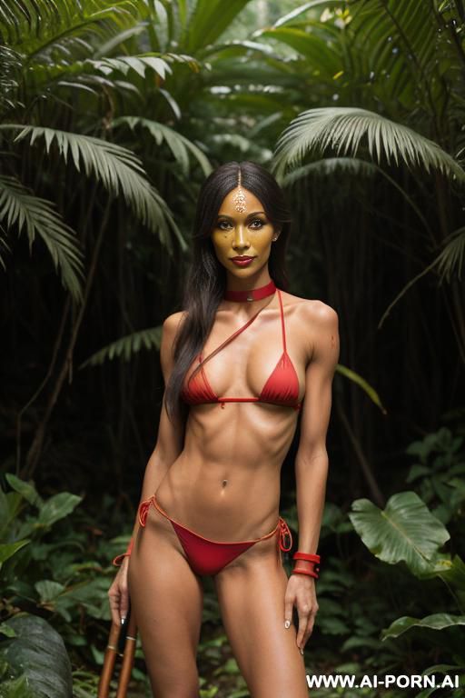 fit, ((athletic)), ((slender)), in jungle, long hair, ((((tan skin)))), ((( in red micro bikini ))), ((red wristband)), ((red collar)), full body visible, spear in hand, carrying spear, red face paint - #main