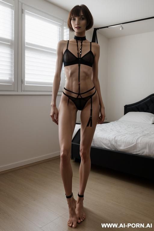 fit, athletic, ((slender)), ((((very wide hips)))), in bed room, full body visible, legs visible, feet visible, full body shot, standing on floor, bare feet, hard nipples poking through bra, ((wearing choker)), (((( g string )))), short hair - #main