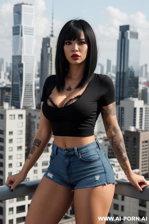 female sexy hooker pornstar long legs in black tight sport tshirt cleavage busty in tattered jeans barelegs in red sport shoes stand on roof top in big city blue glass big buildings many - #main