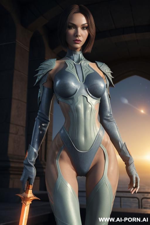 (front view), (looking at the viewer), (detailed face), (detailed body), (detailed hands), (detailed skin), sci-fi swordwoman, well-toned slender atletic figure, silky long flowing hair, mystical makeup, - #main