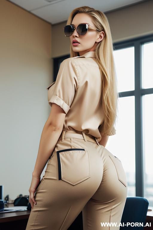 office shirt, beige loose office pants with pockets , venetian blonde and blue eyes, sunglasses, ((big juicy ass)), side view - #main