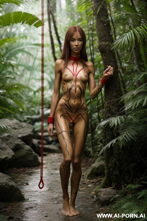 fit, ((athletic)), (((slender))), in jungle, long hair, ((((tan skin)))), ((( in red g string ))), ((red wristband)), ((red collar)), ((red body paint)), wet body, ((carrying weapon in hand)) - #main