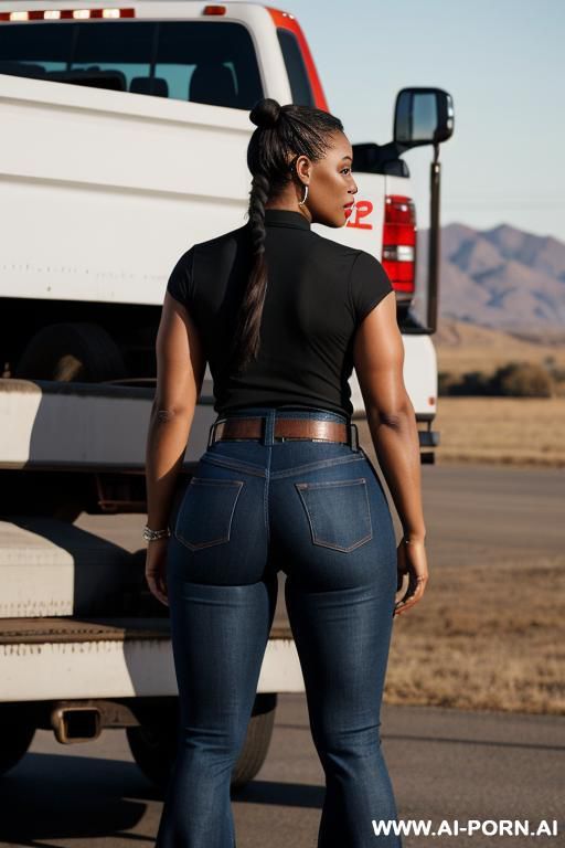 ebony ,flared blue jeans, belt, ass, booty, gystyle position - #main