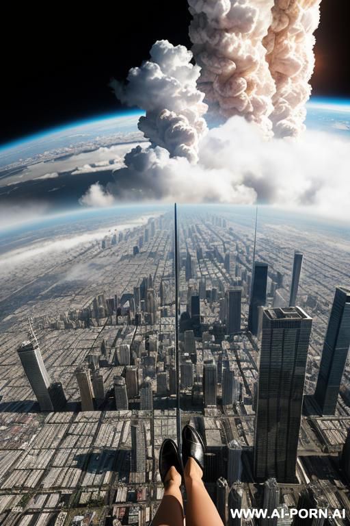 giantess woman is walking through clouds while city is at her feet while camera is in space looking down at the giantess woman walking on the surface of the earth at the middle of the city. - #main