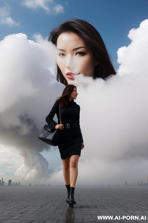 giantess woman is walking through clouds while city is at her feet while camera is in a cloud looking down at the giantess woman walking on the surface of the earth at the middle of the city. - #main