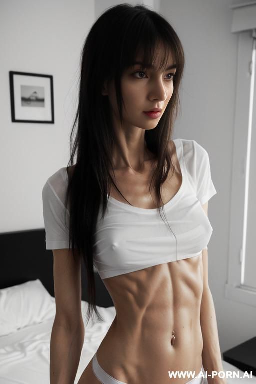 fit, ((athletic)), (((slender))), in messy bedroom, ((short white top shirt)), ((in white g string)), (long hair), (((plain stomach))) - #main