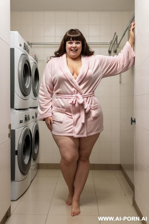 hairy,, penis between legs, wide hips, stuck tongue out, pendulous nipples, side view, masturbating her dick, pink bathrobe, show tits - #main