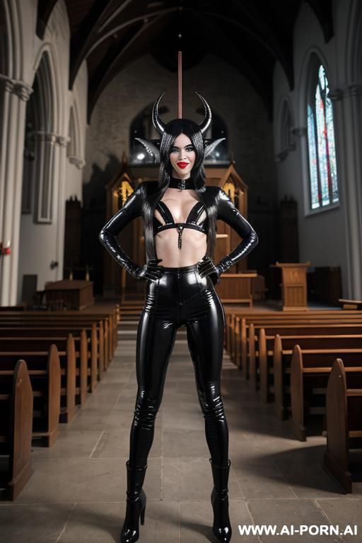 evil grin, latex pants, open, showing breast, boots, devil horns, peeing on a cross, anal finger slut - #main