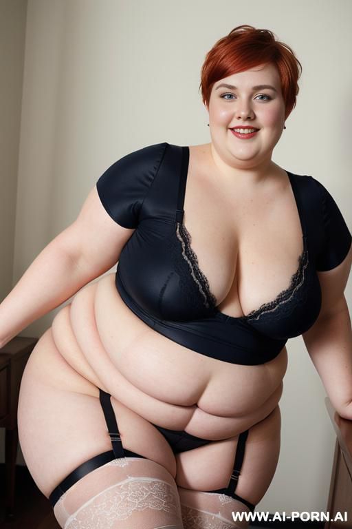white woman, rotund body, huge, supermodel, pear shaped, lovehandless, obese, tummy, short hair, huge legs, massive hips, high rise (garter belt stockings), eye contact, huge arms - #main
