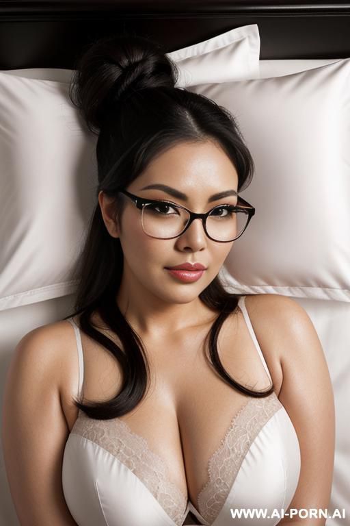 mexican, chubby face, glasses, brunette hair, asian eyes, half up half down hair bun, chubby face, long b hair, winged eyeliner, large breasts, lying on back, on bed, head on pillow, close up shot, view from above - #main