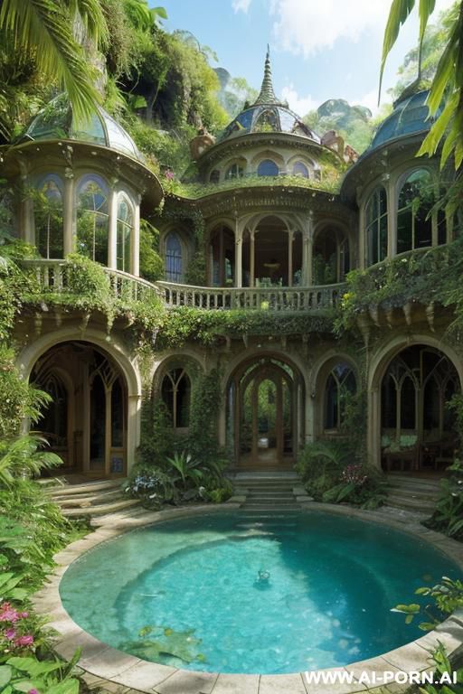 several female lesbian nude orgy blonde long wavy blond in mountains landscape river cove outside view at steampunk castle mansion dome roof floral arches deep in jungle wilderness beautiful azure - #main