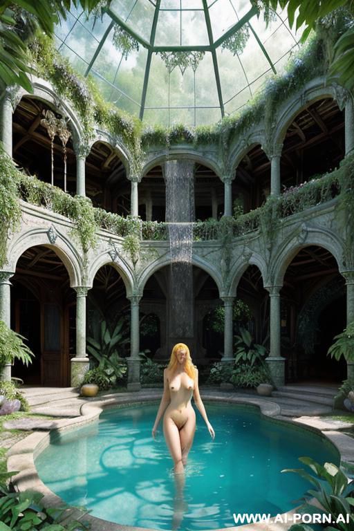 steampunk castle mansion dome roof floral arches deep in jungle wilderness beautiful azure pool waterfall pornstar ginger nude naked sexy blonde in fantasy overgrown intricate steampunk glass mansion - #main
