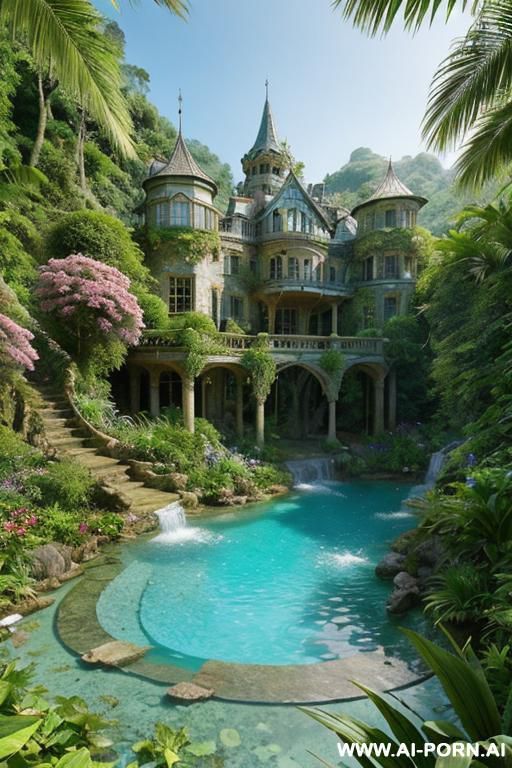 mountains landscape river cove outside view at steampunk castle mansion dome roof floral arches deep in jungle wilderness beautiful azure pool waterfall pornstar ginger nude naked sexy blonde in - #main