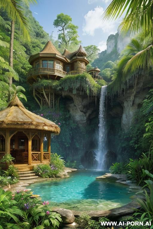 wood cabin hotel in woods mountain hills jungle island beach several female lesbian nude orgy blonde long wavy blond in mountains landscape river cove outside view at steampunk castle mansion - #main