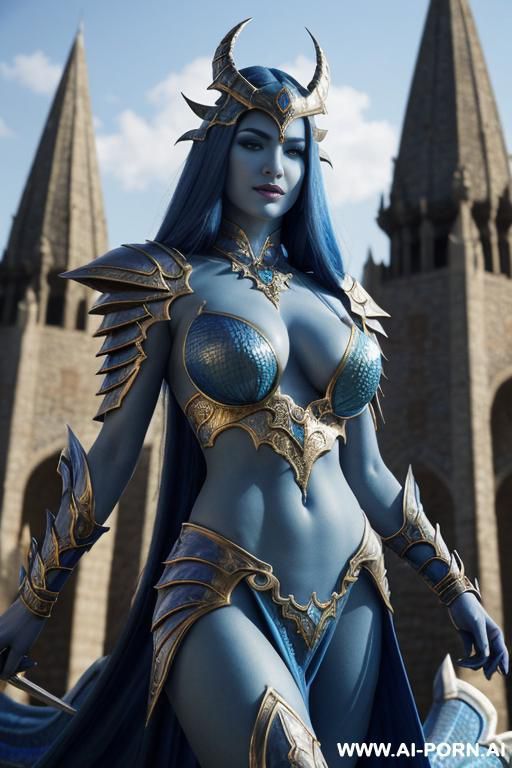 (front view), (looking at the viewer), (detailed face), (detailed body), (detailed hands), (detailed skin), naga from heroes of might and magic, wears chest plate, armed with swords, fantasy magic towers on the background - #main