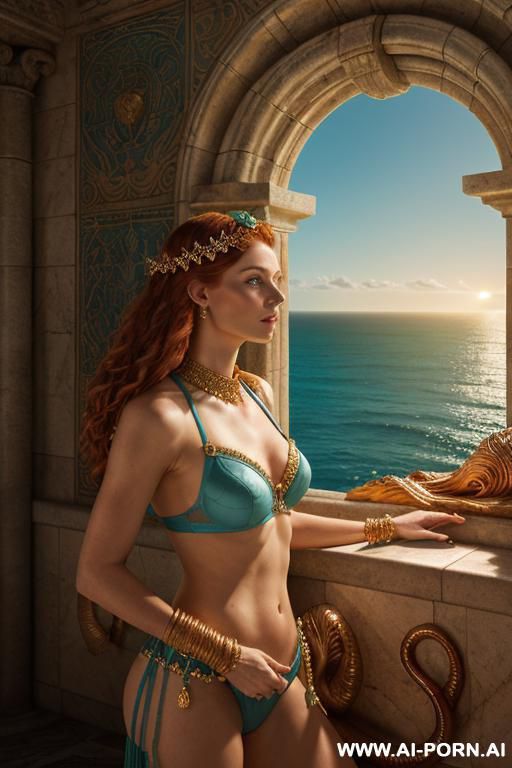 (front view), (looking at the viewer), (highly detailed figure), (highly detailed face), (highly detailed skin), symmetrical noble face, wavy light copper hair, blue-green eyes, shiny skin, long - #main