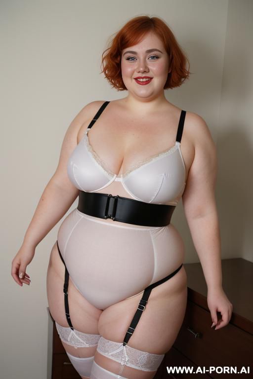 white woman, rotund body, huge, supermodel, pear shaped, lovehandless, obese, tummy, short hair, huge legs, massive hips, high rise (garter belt stockings), eye contact, huge arms - #main