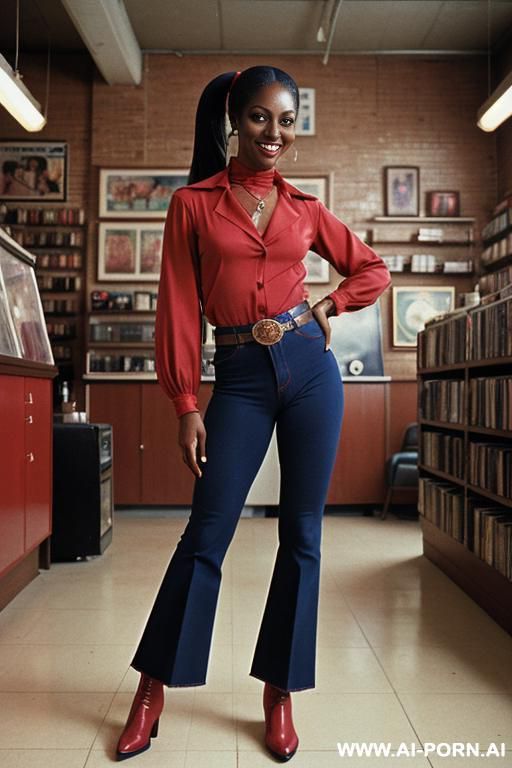 ebony, flare blue jeans, belt, short cowgir boots - #main
